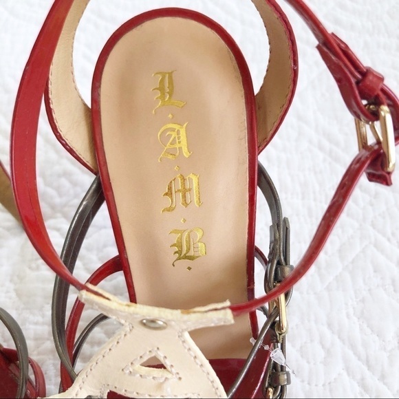 L.A.M.B. Gwen Steffani Red Cream Strappy Sandals - Picture 6 of 9